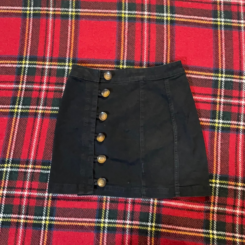 Free People Black Denim Button Up Mini Skirt